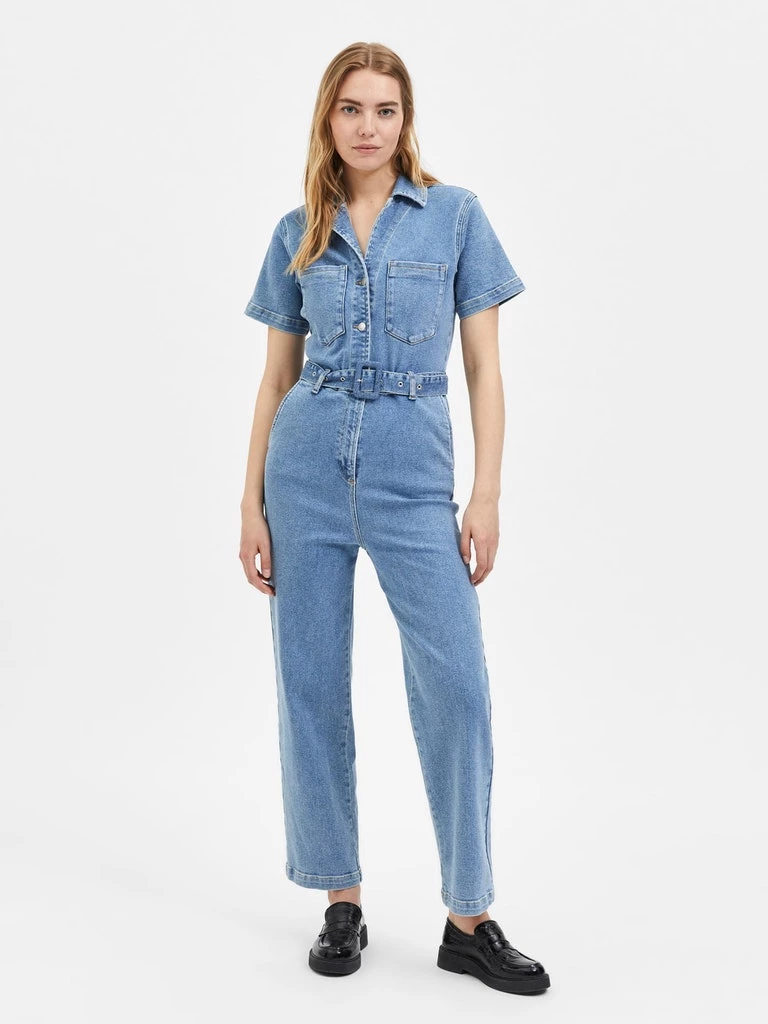 Selected Femme Button Front Denim Jumpsuit